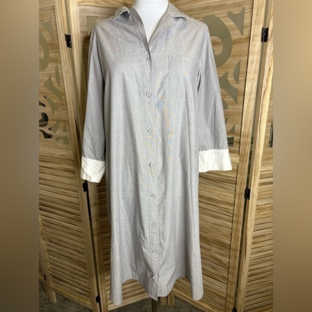 Natori Shirt Dress Gray With White Cuffs Size Medium
